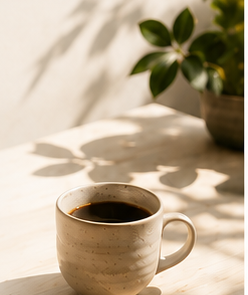 A ceramic cup of coffee in dappled morning light
