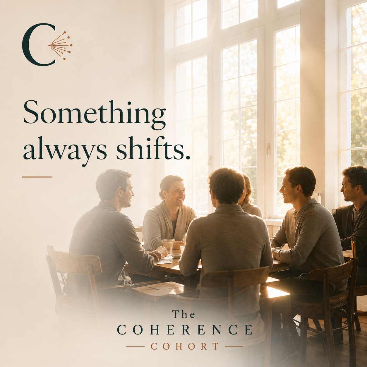 Guests gathered around a table in morning light — Something always shifts.